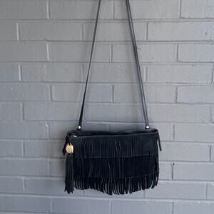 VINCE CAMUTO Riqui Black Suede Fringe Leather Crossbody Bag Clutch Bohemian